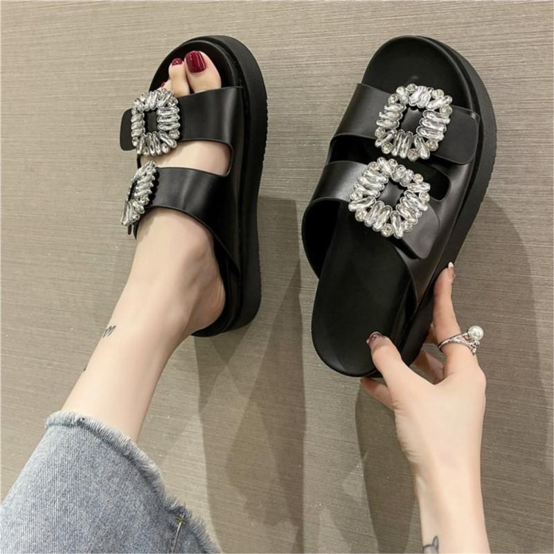 Summer New Casual Flip-flops Square Buckle Diamond Double with Thick Bottom Beach Sandals Women Wear Slippers P735