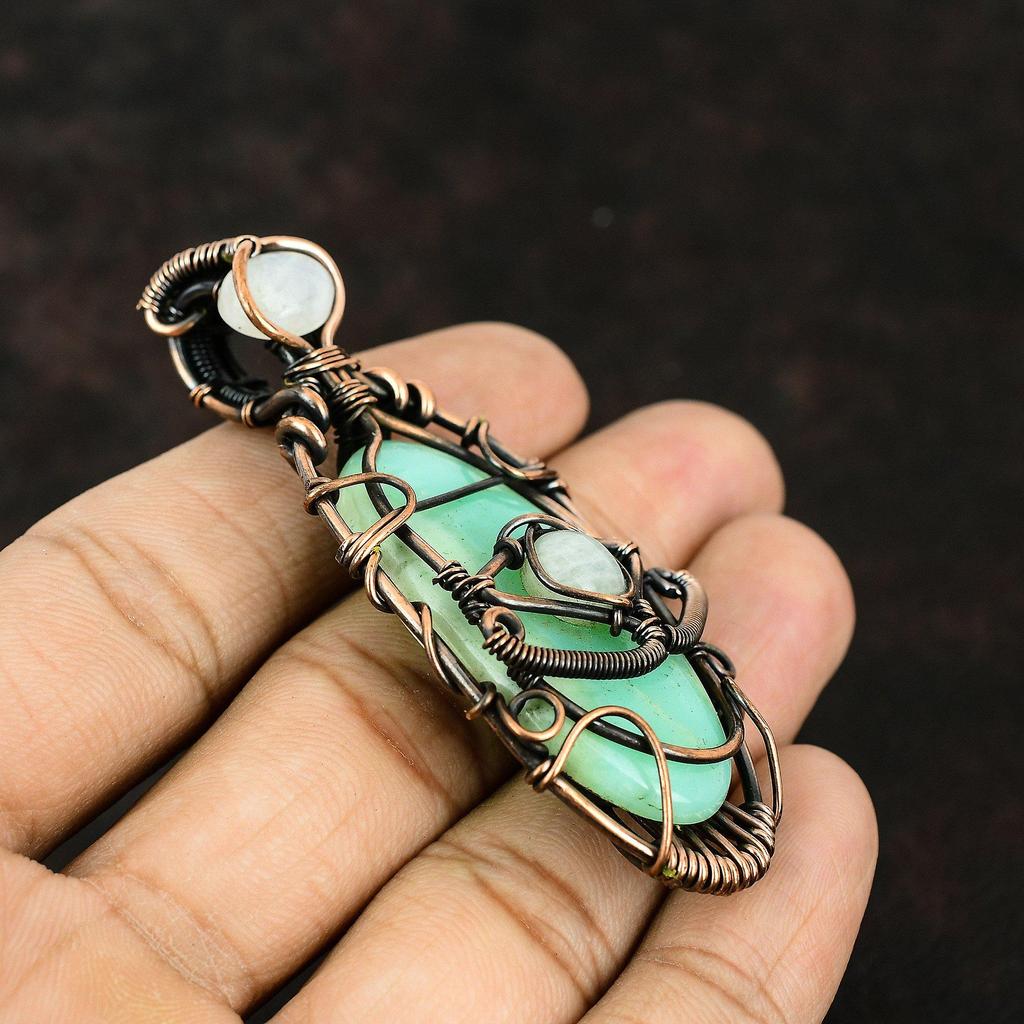 Evil Eye Chrysoprase Copper Pendant Copper Wire Wrapped Jewelry Gemstone Jewelry Rainbow Moonstone Jewelry Gift For Mother Evil Eye Jewelry