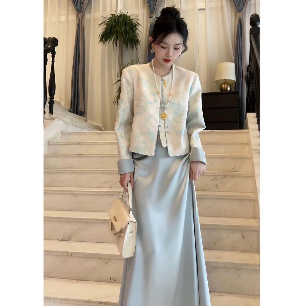 2025 Spring Women's Chinese Jacquard Frog Button Coat with Satin Midi Skirt Set