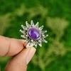 Серебро 925 пробы Натуральный африканский аметист Цветок Заявление Кольцо для коронной чакры Ювелирное изделие