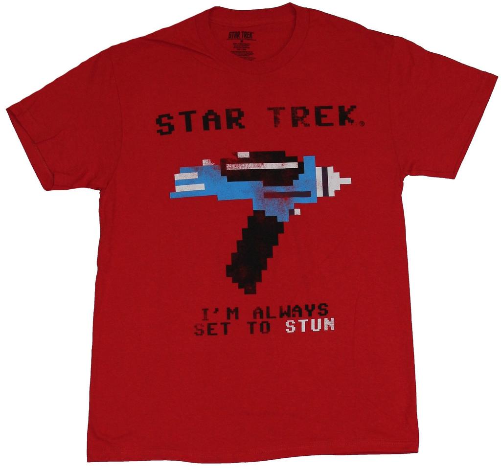 Star Trek Adult New T-Shirt - I'm Always Set to Stun 8-Bit Phaser Pic