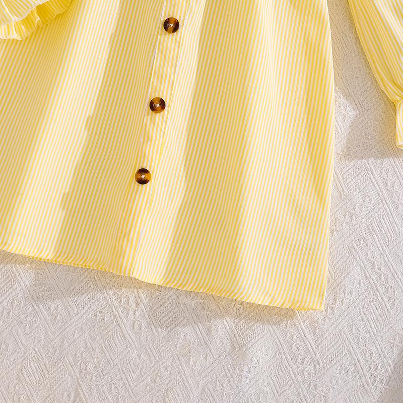 Elegant Striped V-Neck Lace Dress for Big Kids - Autumn European & American Style