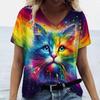 Summer V-neck 3D Colorful Cat Printed Top Fashionable Casual Short Sleeved Women's T-shirts