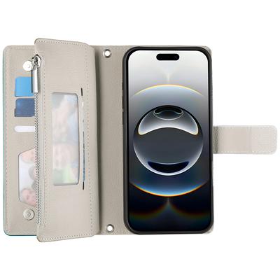 Чехол-кошелек на молнии для iPhone 17 Pro, кожаный, с цветными вставками, книжка, с ремешками