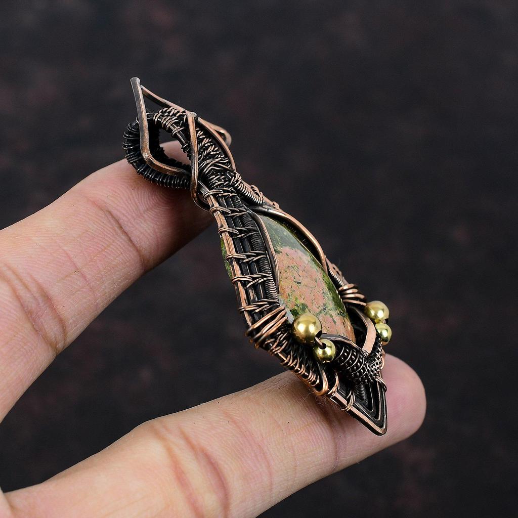 Унакитовый кулон, ювелирные изделия из медной проволоки, оригинальный кулон с драгоценным камнем, этнические украшения, кулон ручной работы, медный кулон для подарка