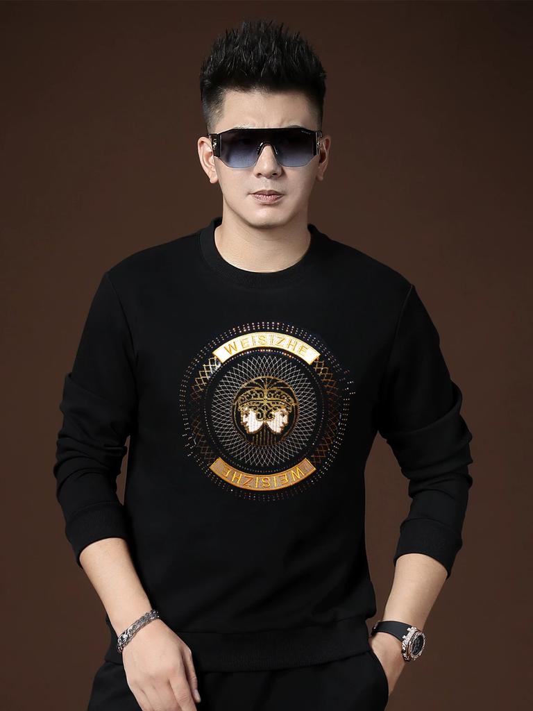 European High-End Embroidered Long-Sleeve Men's T-Shirt, 2025 Autumn and Winter New Trendy Slim-Fit Pullover Crew Neck Sweatshirt