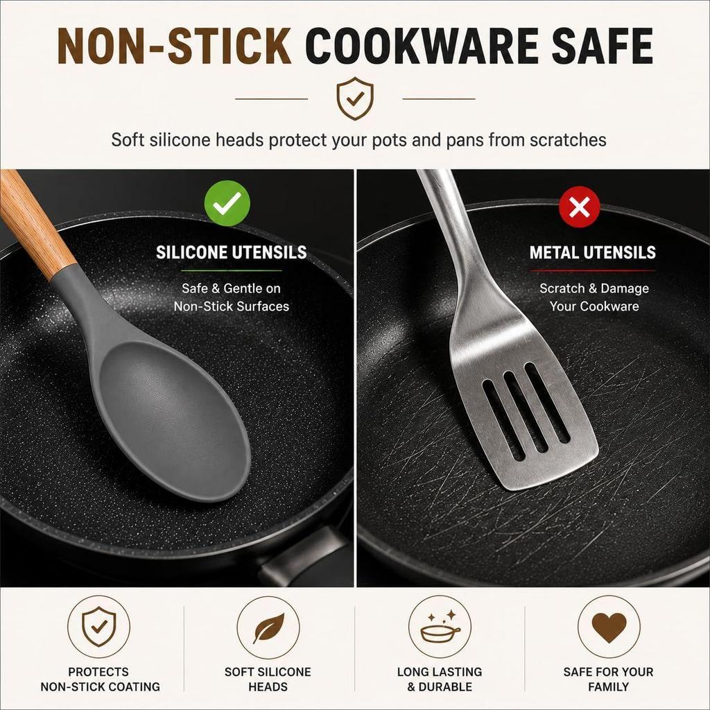 Silicone Spatula Set, 5-Piece Premium Kitchen Utensils with Wooden Handles, Heat Resistant, Non-Stick Safe, Grey