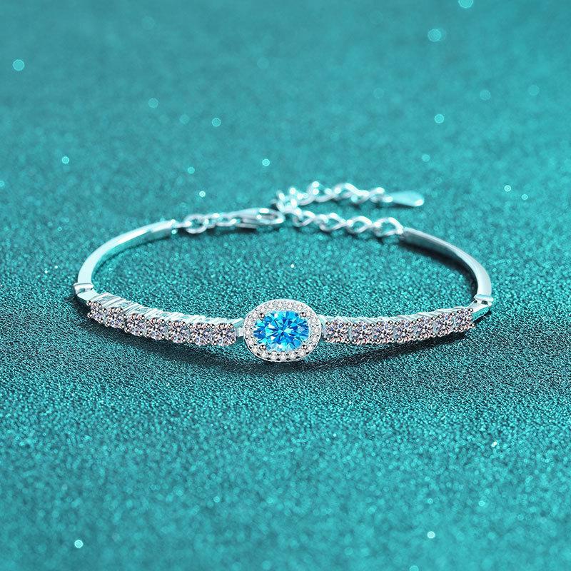 S925 Sterling Silver Hand-inlaid Moissanite Bracelet for Women Sapphire Blue Oval Edge Row Diamond Chain Niche Design Simple