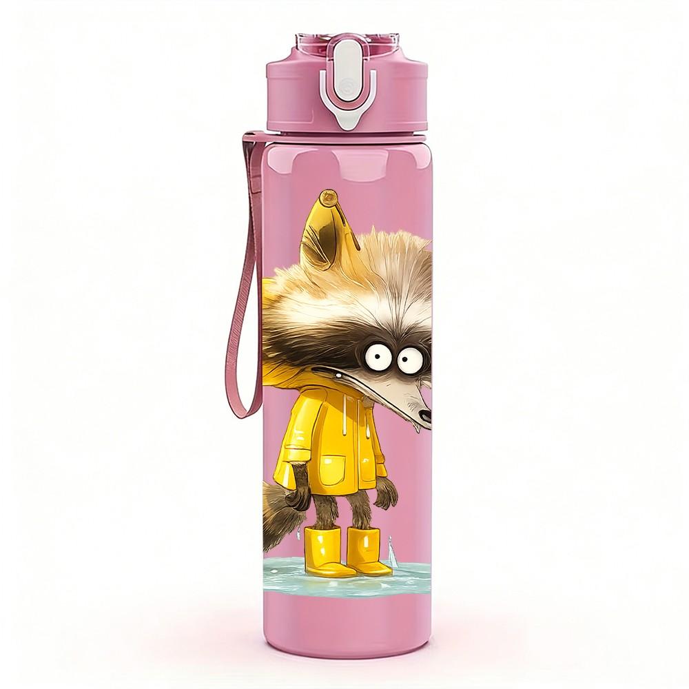 1PC Raccoon Wear Yellow Hood Print 750ml Color Plastic Sports Water Bottle Leakproof Flip Straw Lid Suitable for Sports Office Home Use