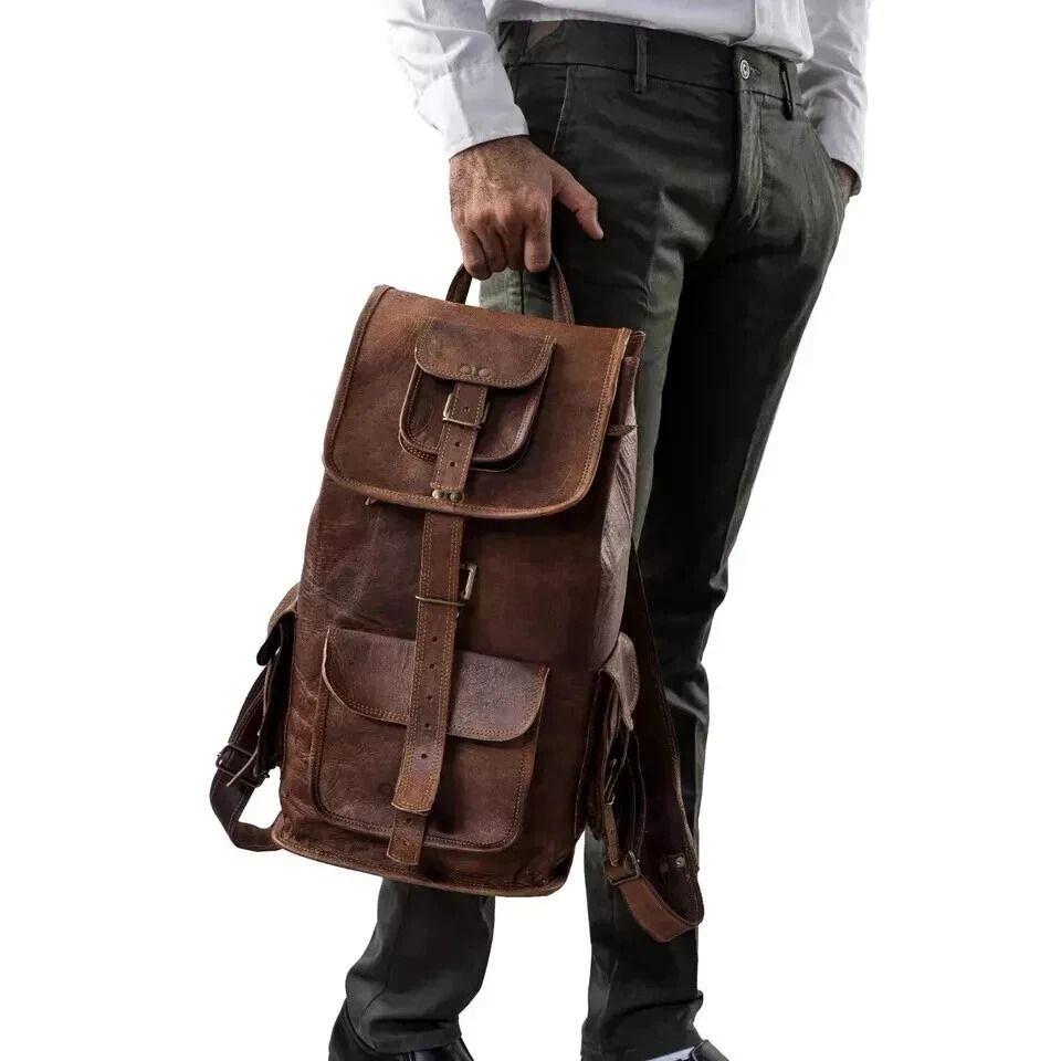 Goat Leather Bag Backpack Rucksack Vintage Genuine Laptop Brown Travel New Men's