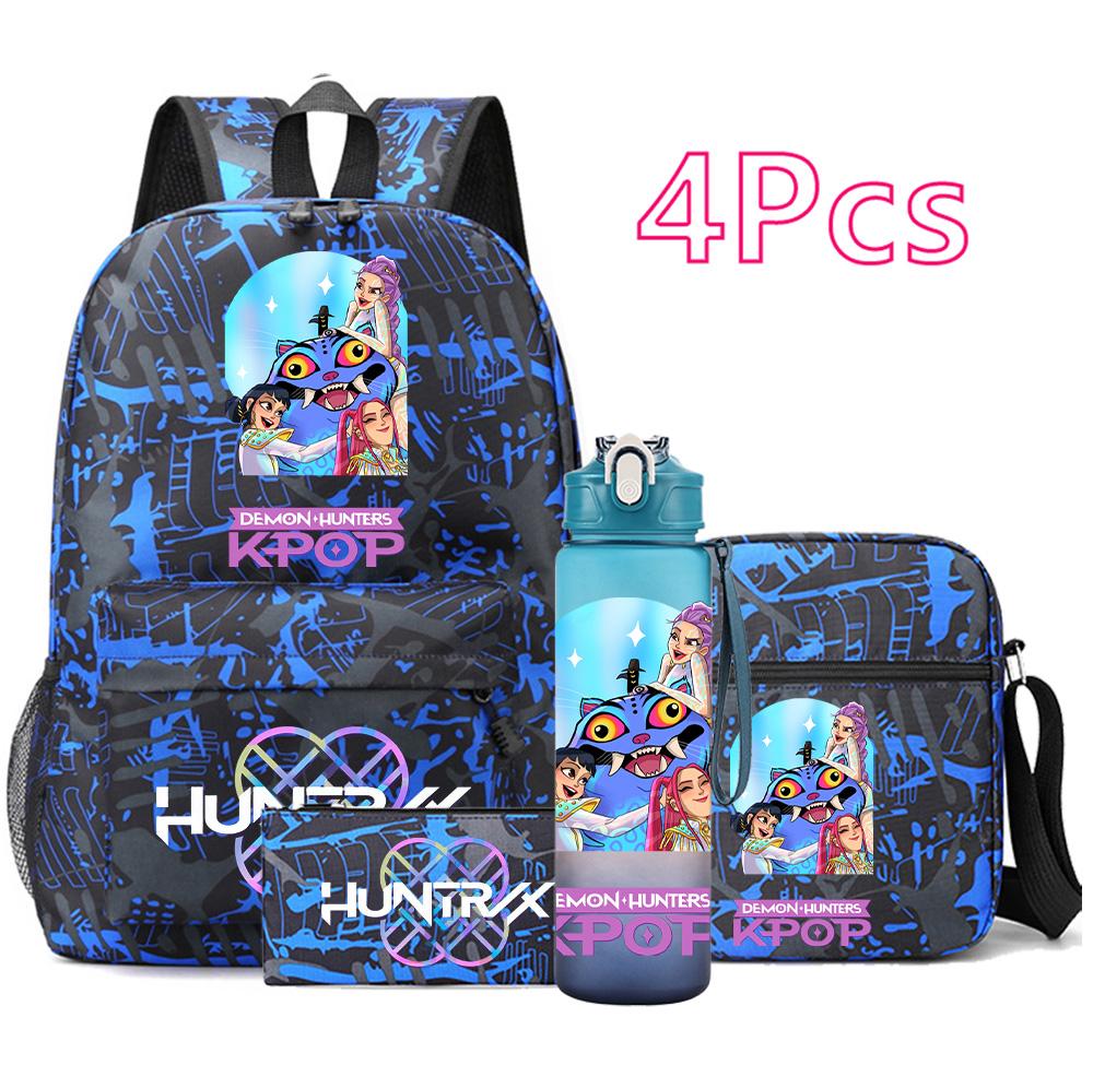 4Pcs/set Anime Demon Hunters Printed Backpack Bookbag Shoulder Bag Case Bag with 750Ml Water Bottler for Boy Girl Large Capacity Schoolbag