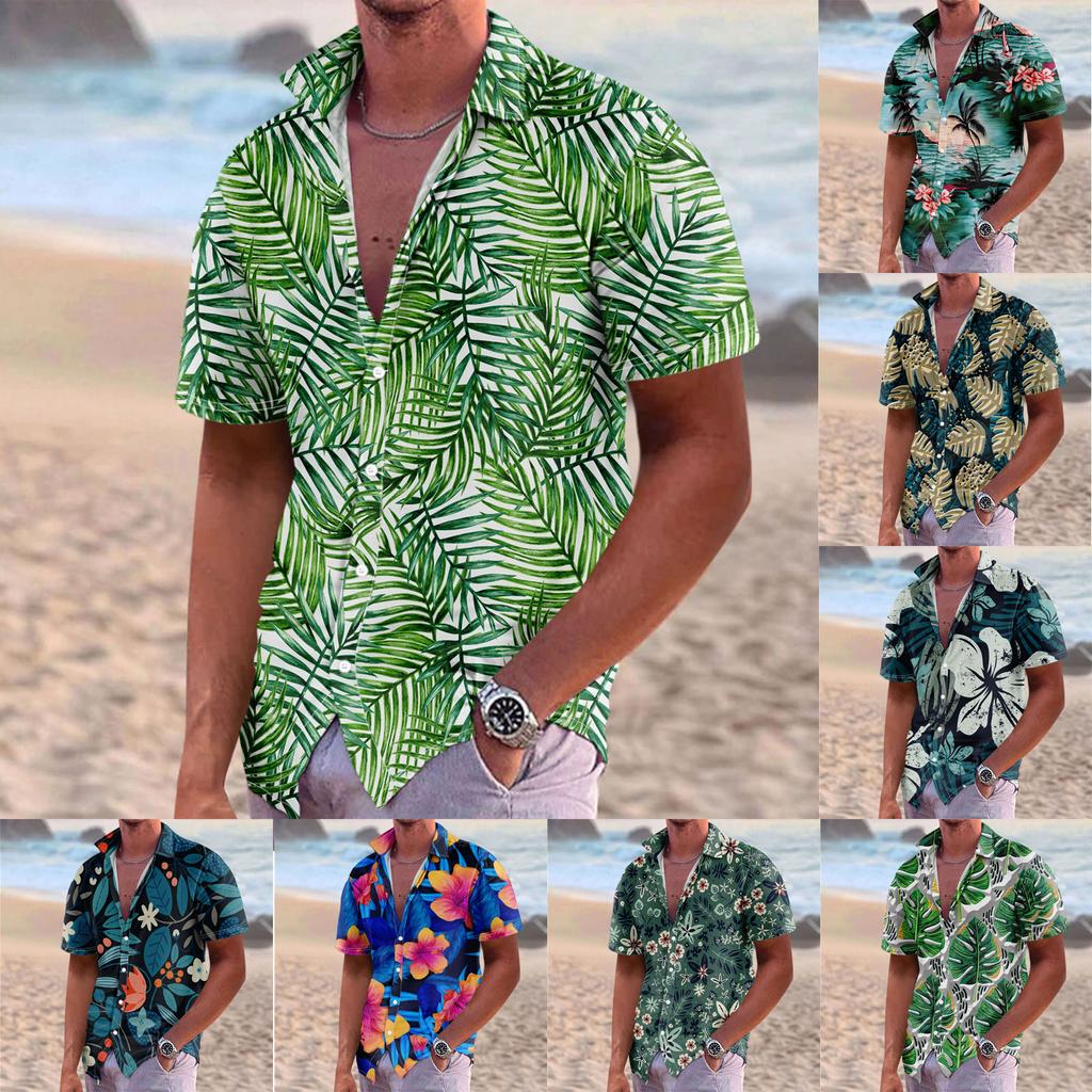 Men's Summer New Loose Print Short Sleeve Shirt Cardigan Beach Shirt