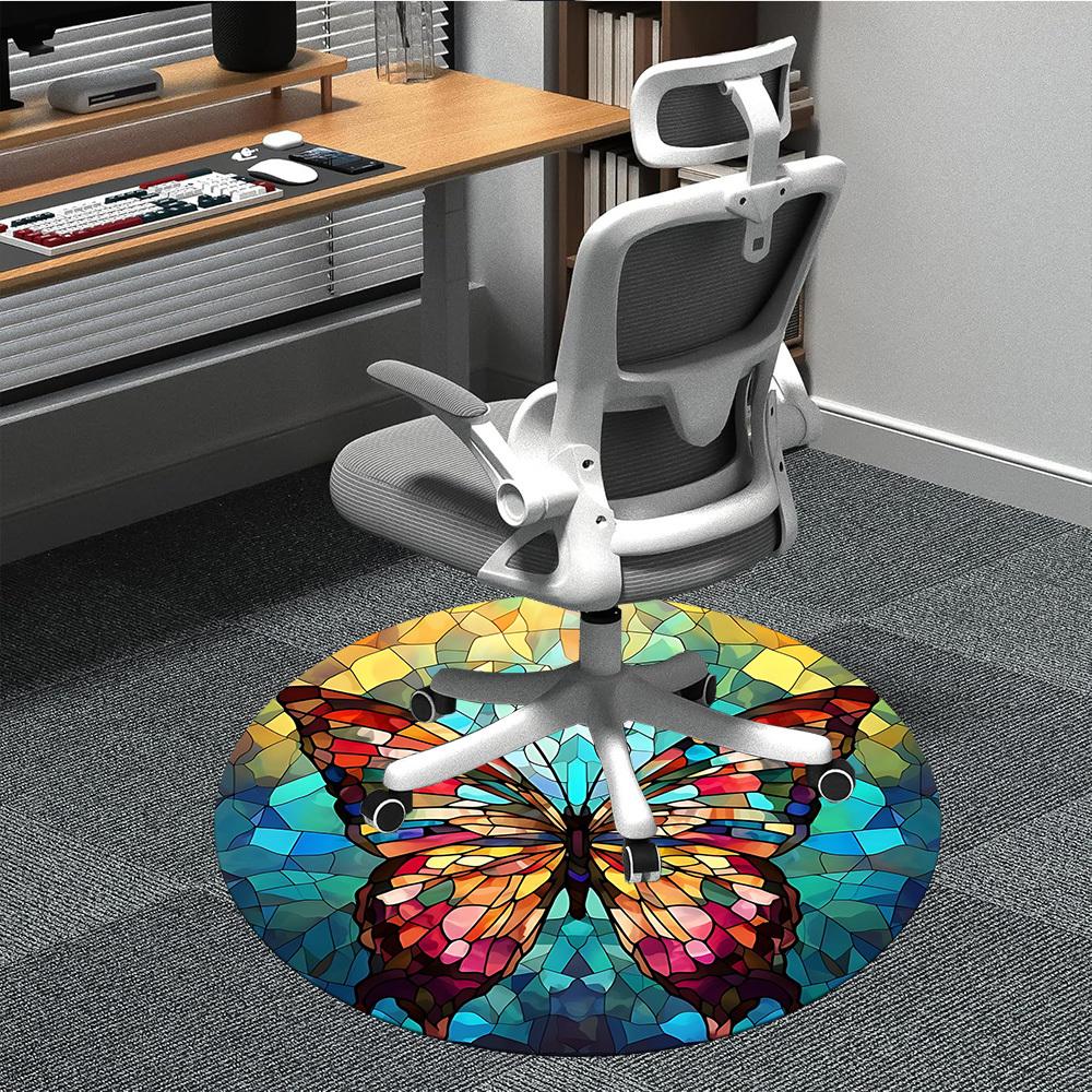 1PC Butterfly StainedGlass Office Round Area Rug, Mat Suitable ForOffice, Under Office Chairs Bedroom Living Room Home Decor, Room Deco