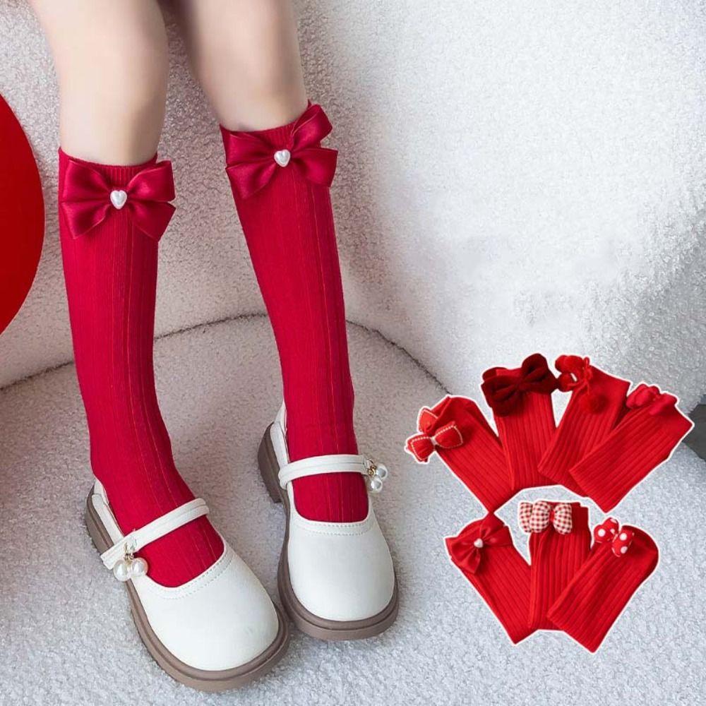 Cotton Bow Hosiery for Kids Middle Tube Sleeping Socks Warm New Year Red Socks Home Socks