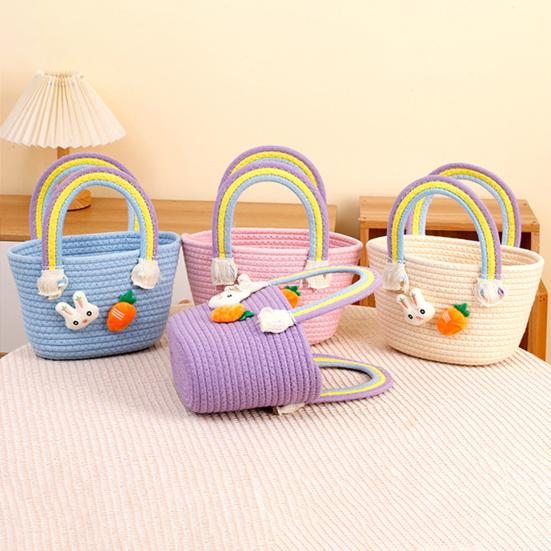 Easter Woven Basket with Handle Cotton Woven Bunny Egg Hunt Basket with Rabbit And Carrot Empty Easter Treat Bag for Gifts Candy