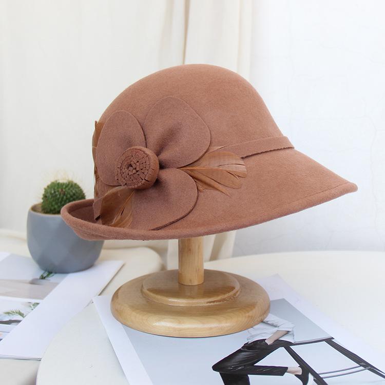 Ретро Цилиндр Осень Зима Шерстяная Шляпа Женская Модная Шляпа с Цветами Загнутая Сзади Фетровая Шляпа