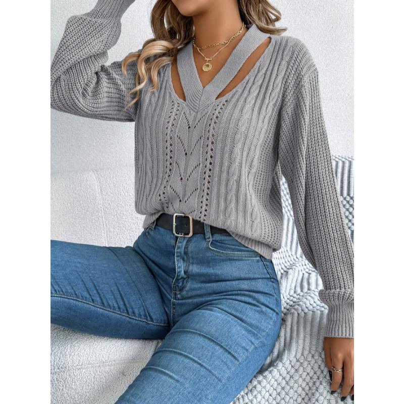Autumn Winter Casual Hollow Out V-neck Twist Pullover Sweater Long Sleeve Casual Fashion Elegant Casual Tops Ladies Office Streetwear Simple Clothing