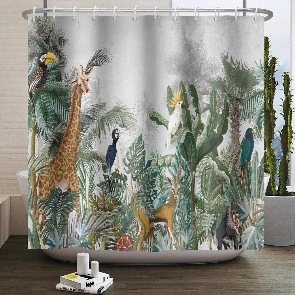 Шторка для душа Лесные животные джунгли Деревья Растения Дикая природа Птица Медведь Лось Лиса Олень Олень Современный Минималистичный Детская Ванная Шторка для душа