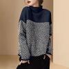Women Sweater Half High Collar Long Sleeve Color-Blocked Loose Fit Knitting Top Autumn Winter Thick Warm Pullover Tops