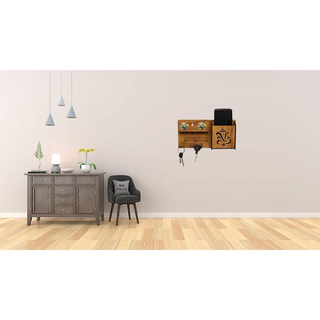 Многоцелевой деревянный держатель ключей Ганеша с мобильной подставкой и настенной полкой, 6 крючков для ключей, упаковка из 1 шт., деревянный