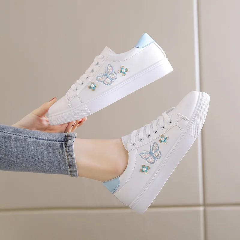 Fashion 2024 Women's Sneakers Fashion Butterfly Embroidered White Flat Shoes Outdoor Lace-Up Casual Vulcanized Shoes Zapatos De Mujer