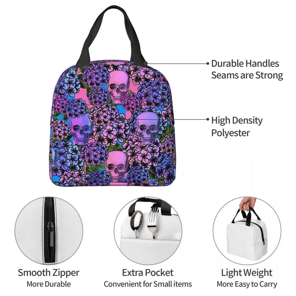 Gothic Violet Flower Skull Pattern Insulated Lunch Bag for Women Children Portable Food Boxes Thermal Lunch Box Tote