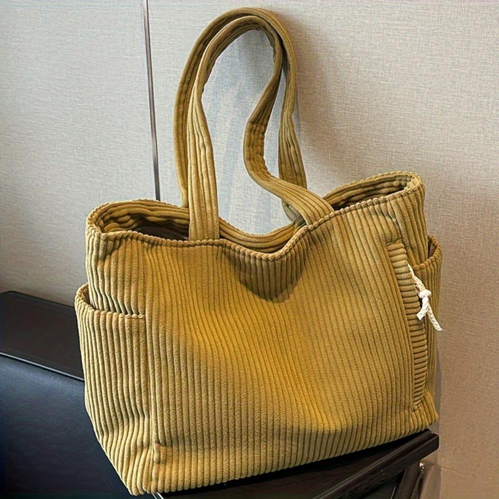 A Casual Corduroy Handbag with Zip Closure, Lightweight and Large Capacity, Fixed Shoulder Strap and Polyester Lining, Solid Everyday Commuter Handbag