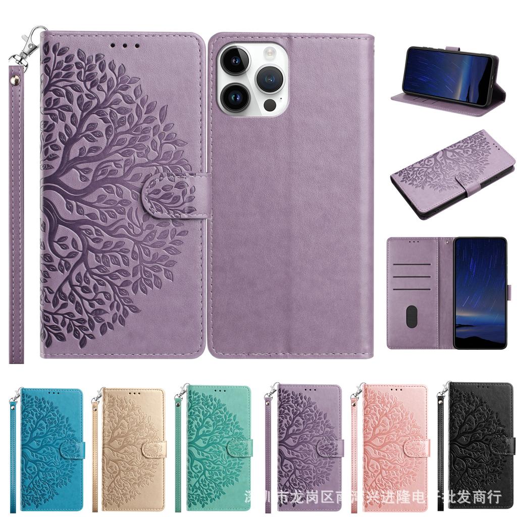 Подходит для iPhone17 кожаный чехол, Samsung S26 Чехол-кошелек с тиснением "Древо жизни", MOTO G06 портативный