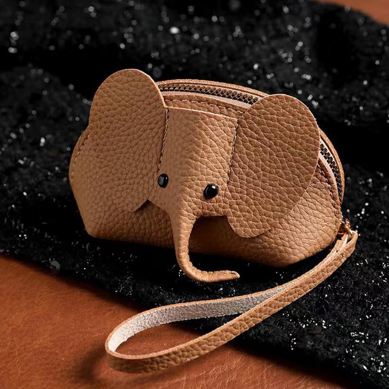 Exquisite Elephant Print PU Leather Money Bag for Women; Coin Purse with Key Ring and Zipper Pocket