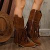 Autumn and Winter Women Pointed Toe Fringes Thick Heel High Boots Plus Size Fashion Retro Rivet Belt Buckle Zipper Mid-Calf Boot