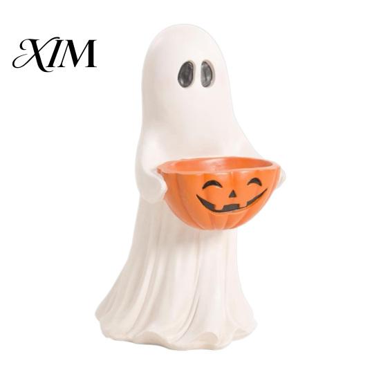 Detailed Resin Tabletop Figures Ghost Statue with Pumpkin Candy Bowl for Halloween Table Decor, Fall Decor Families Cute Desktop Organizer Living Room