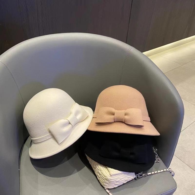Qianjin Xiaoxiangfeng bow white bowler hat women's autumn and winter French high-end foreign gas bucket hat shows small face