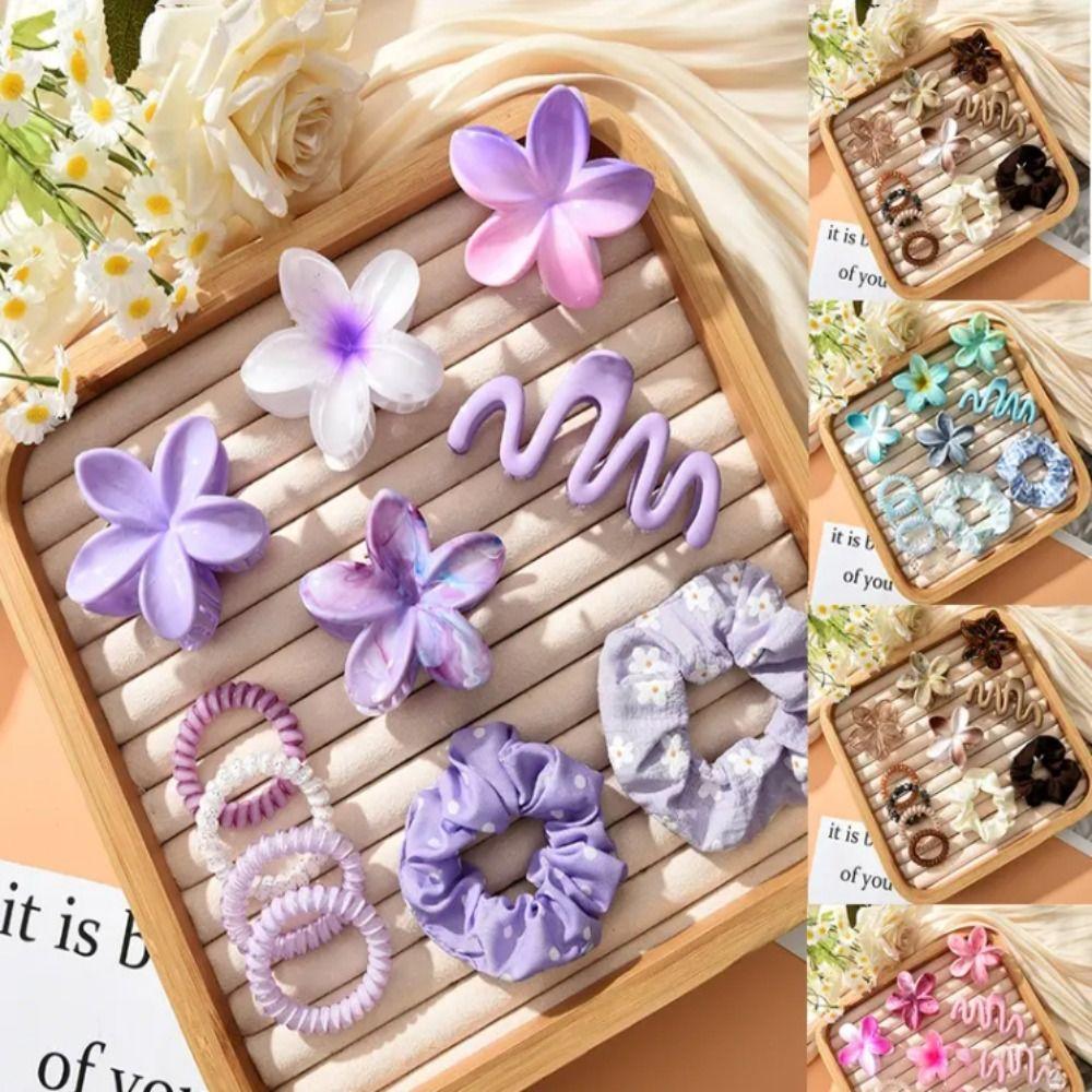 11pcs/Set Elastic Flowers Hair Clips Colorful Wave Shark Clips New Ponytail Holder Hair Accessories