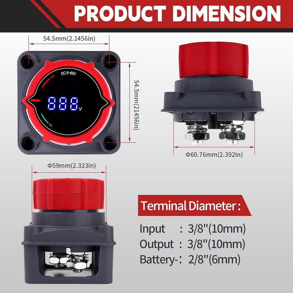 Upgrade Battery Disconnect Switch With Voltmeter, DC 5-60V Master Isolator Cut/Shut Off Switch For Marine Boat Car Truck Camper RV Trailer Vehicles