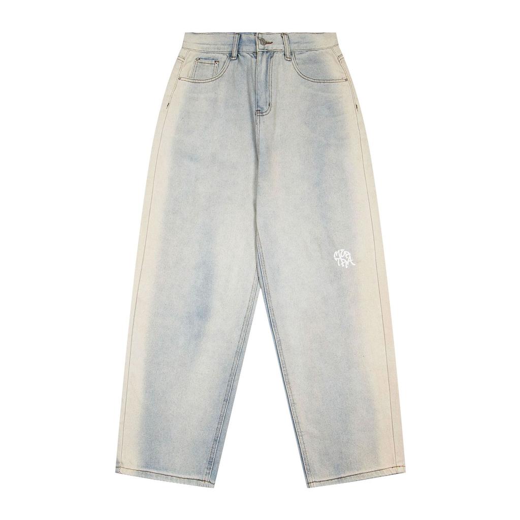 Jeans American Street Letter Print Washed Vintage Distressed Casual Retro Men And Women Loose Straight Fit Pants Trousers