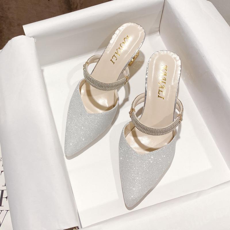 Босоножки Baotou со стразами, женские, лето 2024, новые, толстые, острые, высокие каблуки, классные тапочки, носите две пары обуви