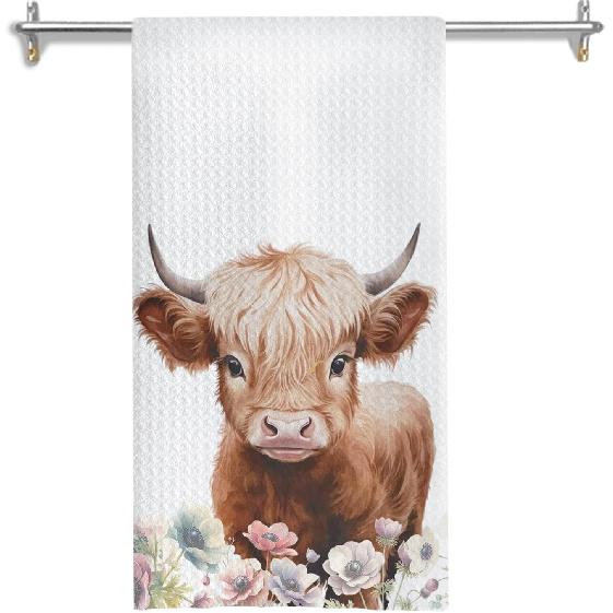 Floral Highland Cow Kitchen Towels, Cow Lovers Gifts for Women Dish Tea Towels for Kitchen Decor, Farmhouse Flower Highland Cattle Decorative Hand