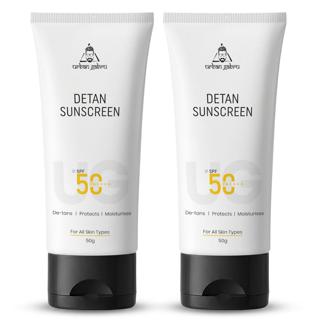 Urbangabru Солнцезащитный крем Detan SPF 50 PA++++ для мужчин | Упаковка из 2 шт. | Не оставляет белых следов, Легкий и нелипкий | Ниацинамид и койевая кислота | Защита от UVA/UVB лучей