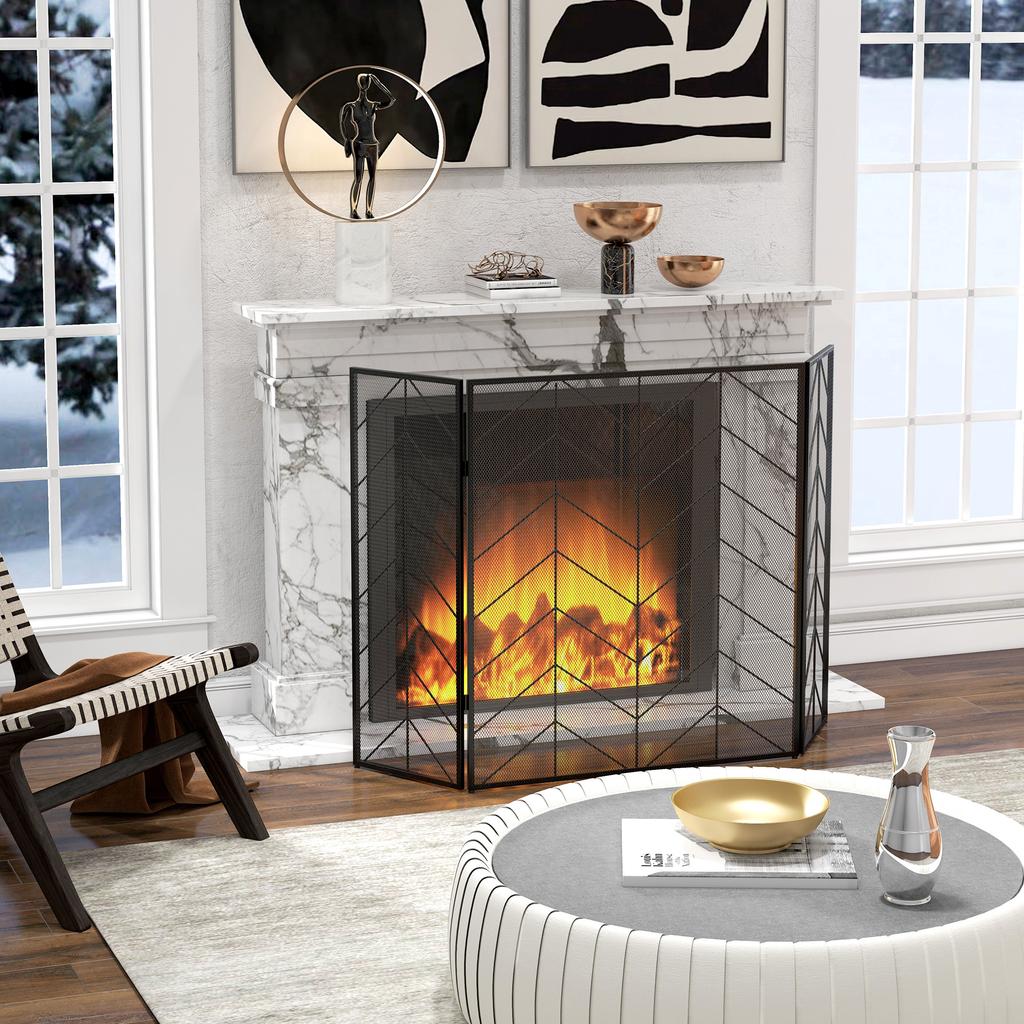 Spark Guard for Fireplaces, Elegant Spark Catcher, Foldable, Coated, Black, 135 x 85 cm