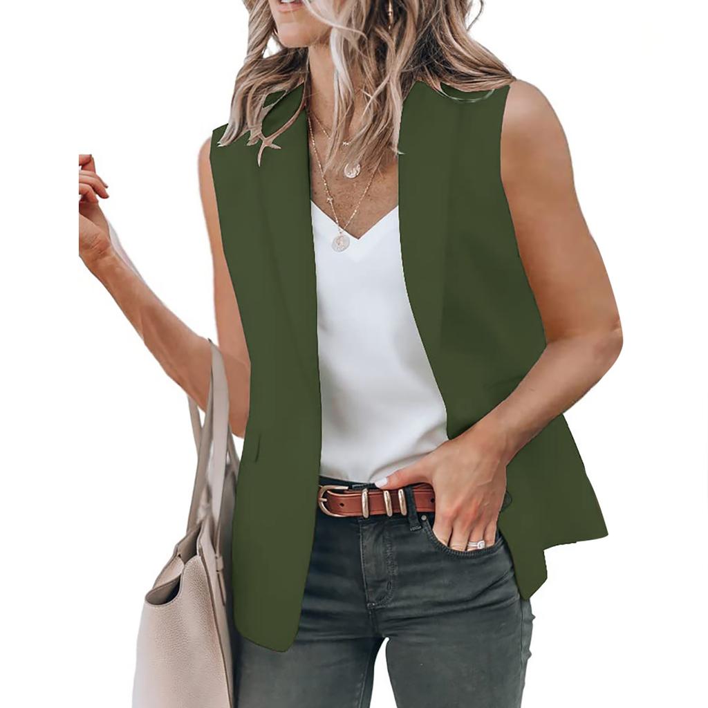 Women's Solid Color Open Front Pocket Cardigan Formal Suit Sleeveless Shirt Jacket