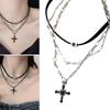 Women's Cross Pendant Necklace Fashionable Gothic Necklace Jewelry with Cross Pendant and Layered Leather Rope