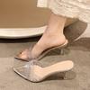 New Fashion Women'S Rhinester High Heels Slippers Transparent Pointed Thin Heels High Heels Sandals To Wear Outside