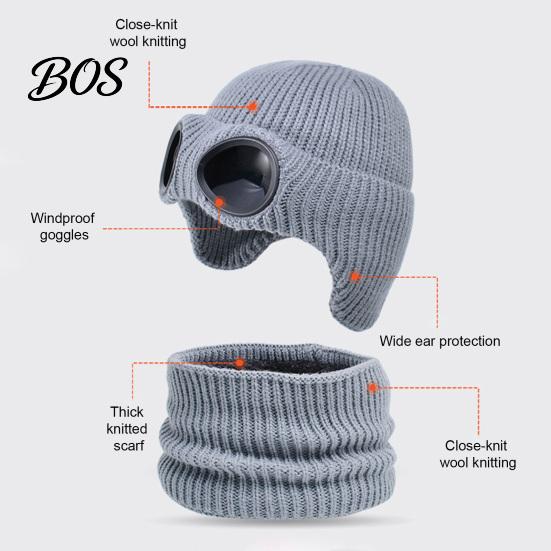 Kids Winter Gift for School Travel 1 Set Knit Hat Neck Warmer Kids, Earflap with Goggles, Windproof Riding Toddlers Fleece Lined Aviator Cap,