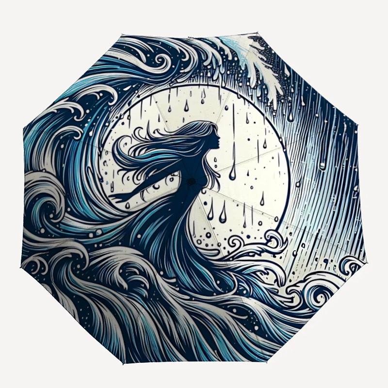 1pc Ocean Waves Auto Open/Close Umbrella, Portable Folding Umbrella for Travel, Themed Events,