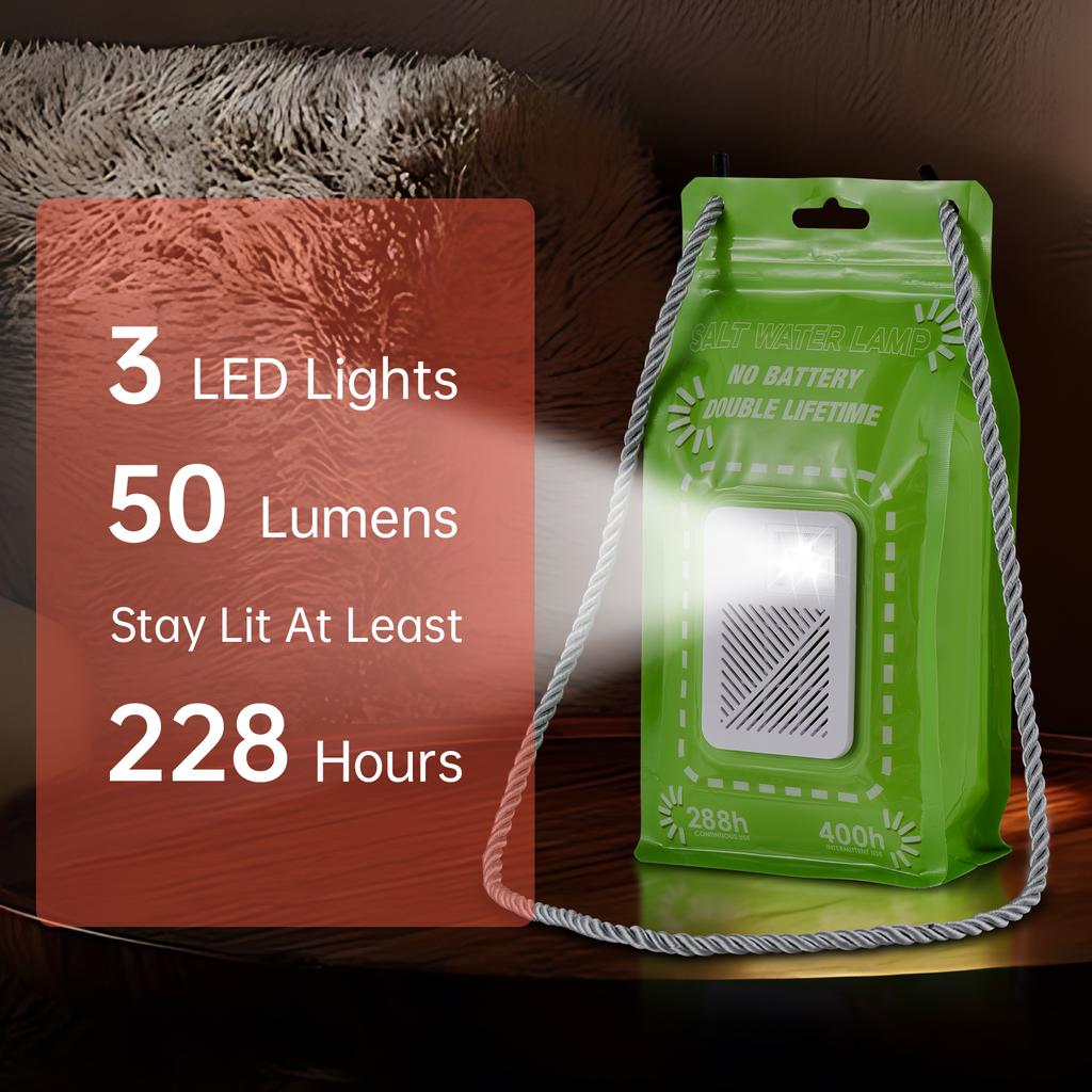 Salt Water Lamp No Batteries 2 Light Modes Indoor Outdoor 400 Hours Water Lamp Light Bag Camping Essentials 3 LED 50 Lumen