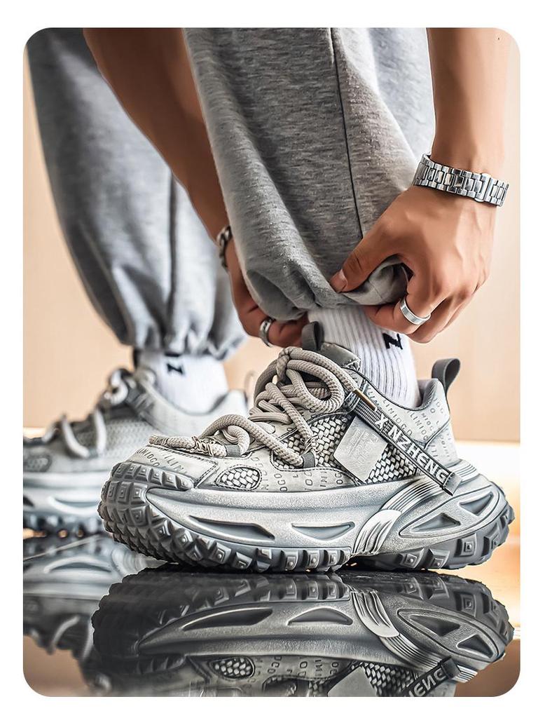 Мужские спортивные кроссовки из сетки класса люкс: Нескользящие, дышащие, толстая подошва, увеличивающие рост, повседневные кроссовки для бега в стиле «папа» на осень/зиму.