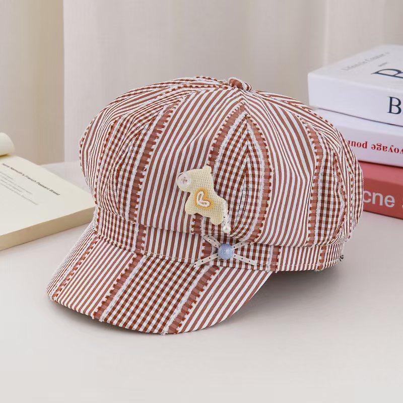 Sweet Button Love Plaid Octagonal Beret Women'S Big Head Circumference Show Face Small Fashion Versatile Newsboy Painter Hat