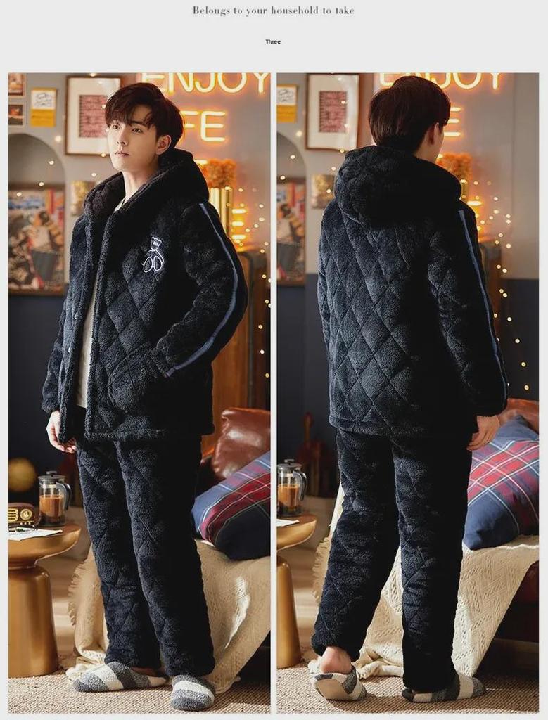 Men's Winter Hooded Quilted Pajama Set: Thick, Plush, Large Size Flannel Jacket