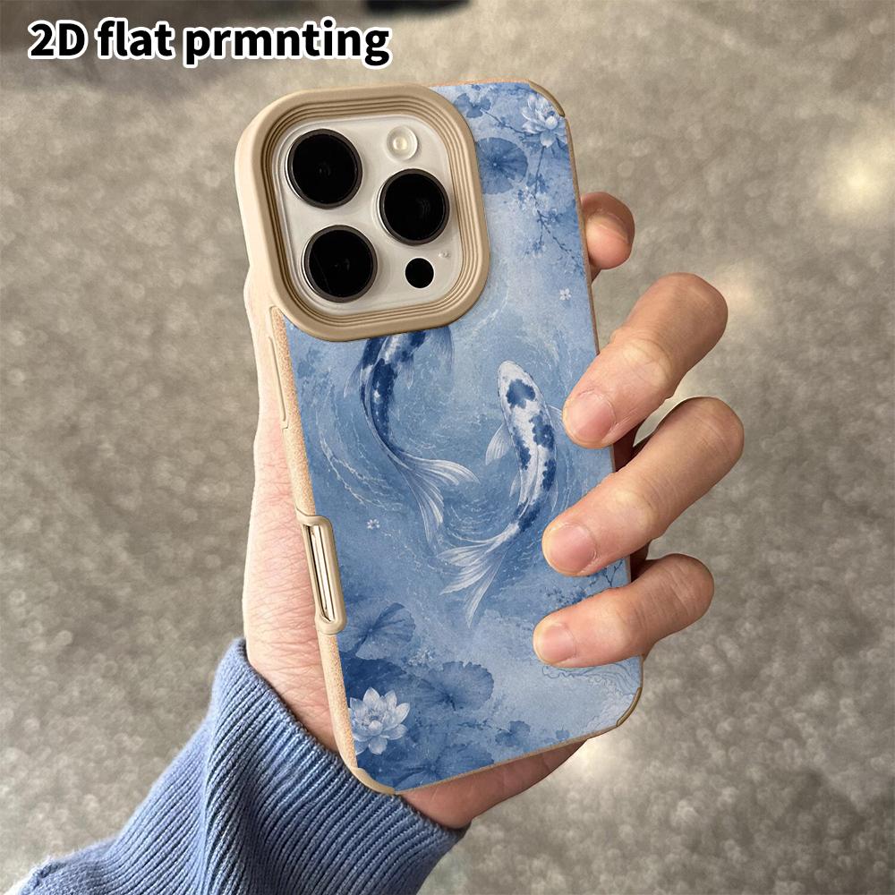Phone Case: 2D flat lambskin suitable for iPhone 18 17 16 15 14 13 Pro, blue and white koi, Christmas and Halloween gifts