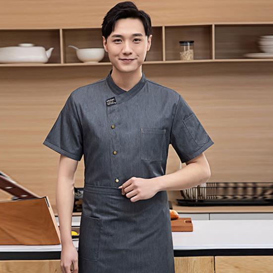 Unisex Stand Collar Short Sleeve Chef Uniform Solid Color Single Breasted Patch Pocket Restaurant Bakery Waiter Uniform